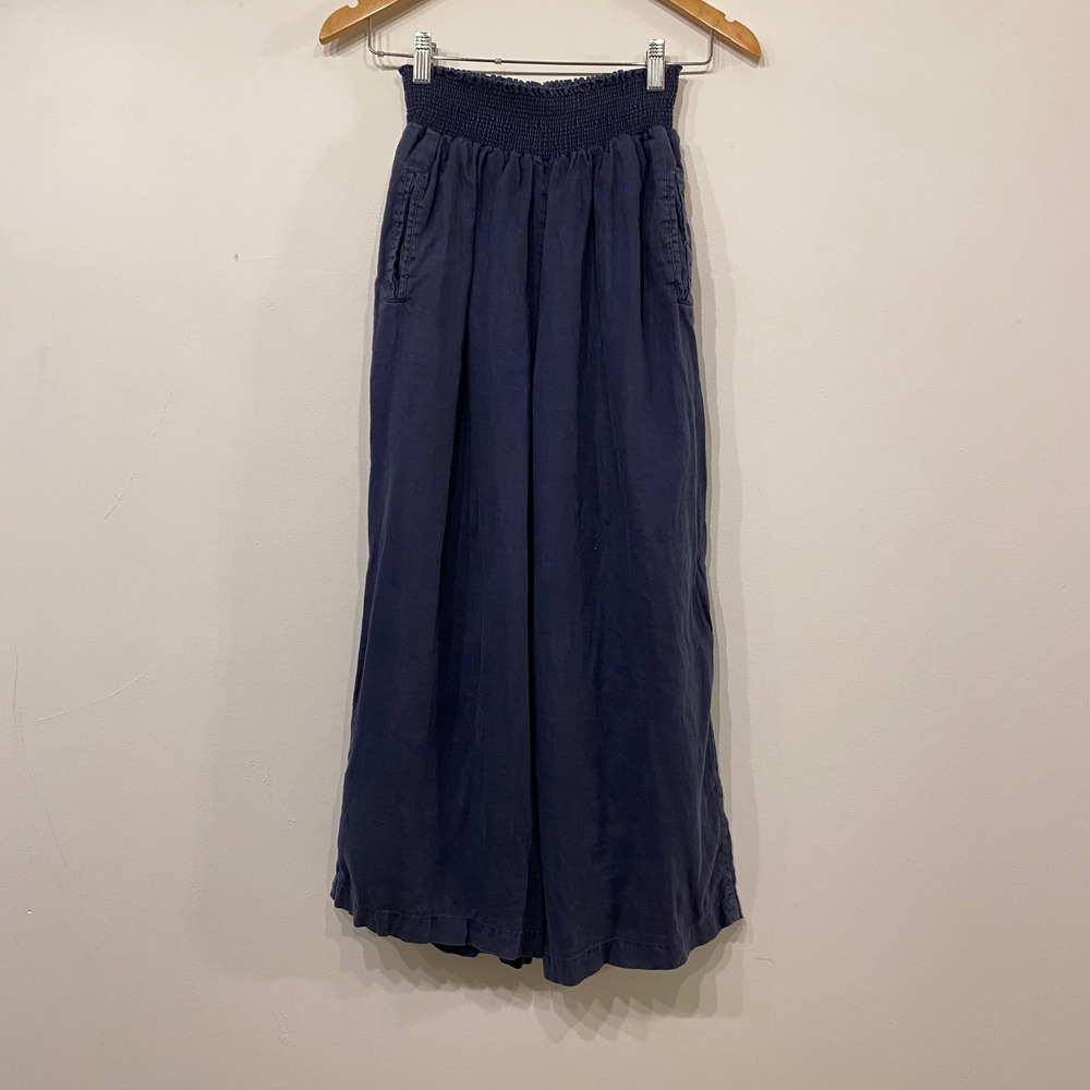 Magaschoni Navy Blue 100% Linen Smocked Waist Wide Leg Pants Boho Beach Size M